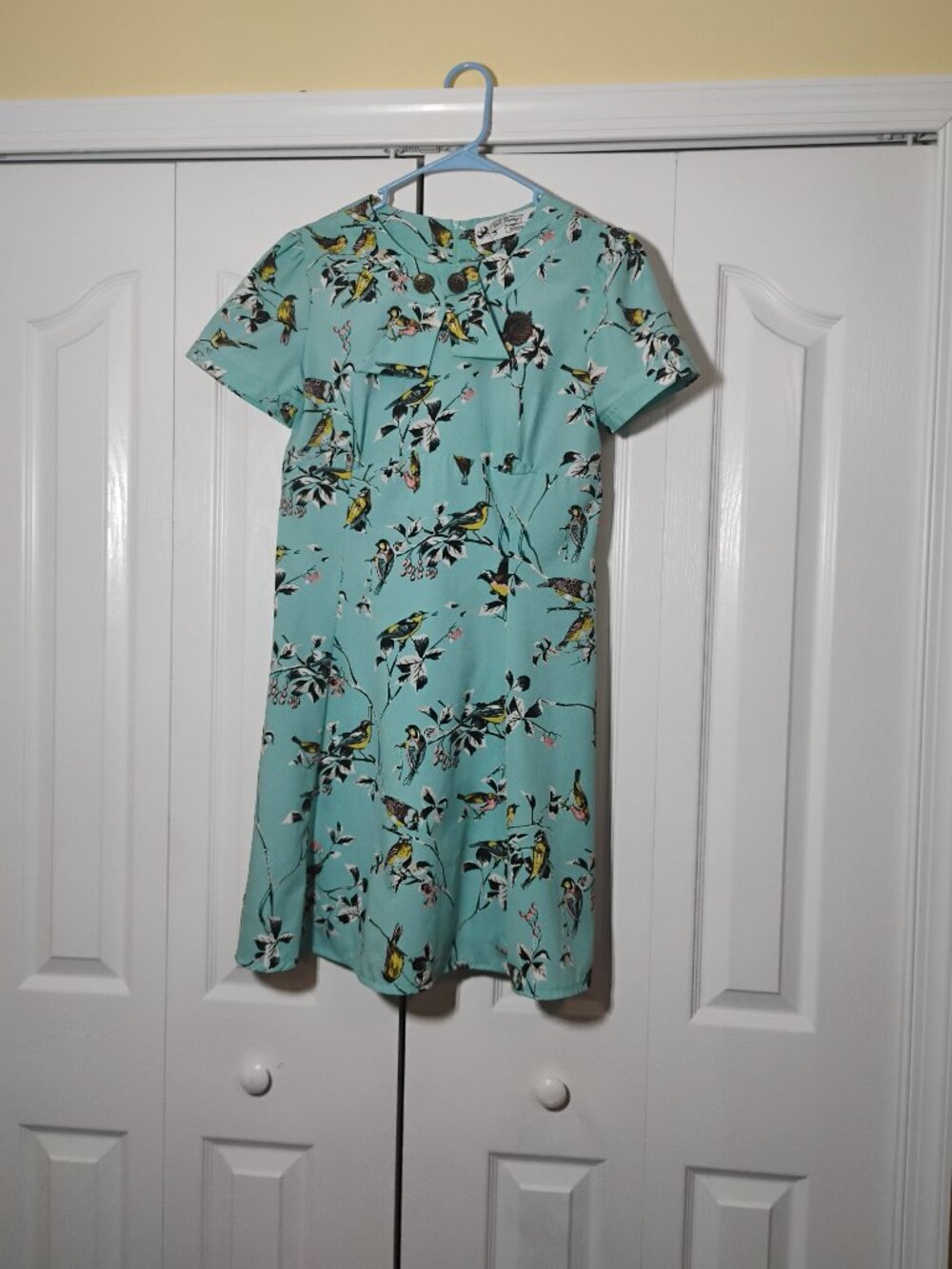Hell Bunny Vixen Birdy Blue Floral Chiffon Midi Dress L Puff Sleeve Pleated